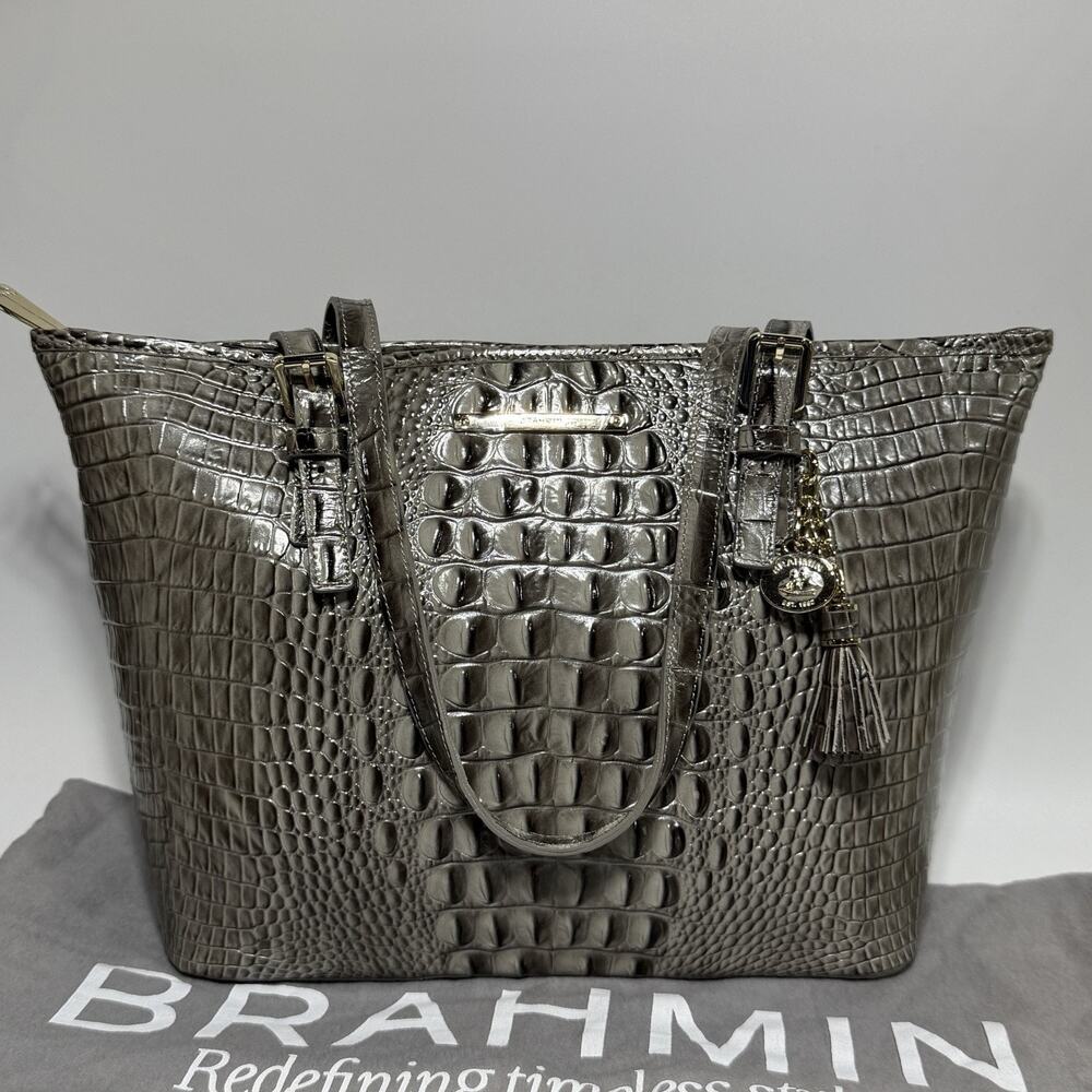 Brahmin Asher Leather Tote Purse Medium Embossed Croc Gray Falcon 15" NEW w/ tag